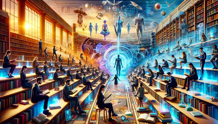 A wide-angle, futuristic scene depicting the theme of philosophy and artificial intelligence. The composition shows a diverse group of people, representing different descents such as Caucasian, Hispanic, Black, and Middle-Eastern, in a modern, high-tech environment. They are engaged in various activities: some are deeply immersed in books on philosophy, while others interact with advanced AI technology, depicted as holographic computers and data streams. The setting is a blend of a traditional library filled with philosophical texts and a futuristic AI lab with glowing screens and digital interfaces. This scene captures the fusion of ancient wisdom and cutting-edge technology, emphasizing the dialogue between human philosophical thought and the evolution of AI. The background is a panoramic view of a city skyline, illustrating a world where AI and human intellect coexist and complement each other. 