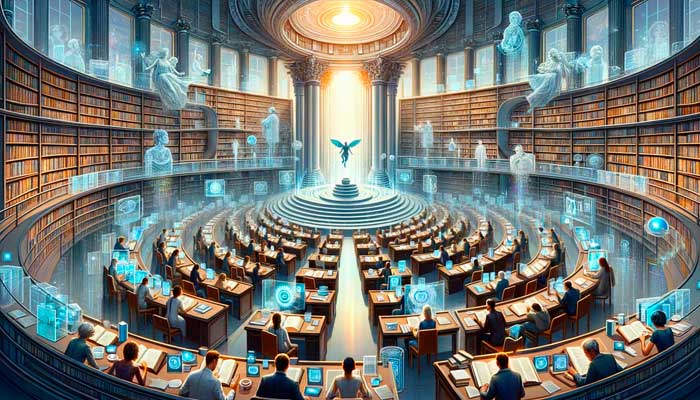 An inspiring panoramic illustration showcasing the enduring value of philosophy in a rapidly evolving AI world. The wide scene depicts a serene library, brimming with both ancient and modern philosophical texts, symbolizing the timelessness of philosophical insight. The diverse group of individuals, representing Caucasian, Hispanic, Black, and Middle-Eastern descents, are deeply engaged in reading, reflecting, and discussing these texts. They exhibit contemplative expressions, underscoring their profound engagement with philosophical ideas. The library harmoniously blends traditional aspects with futuristic technology, featuring holographic displays and digital books, illustrating philosophy's relevance in various aspects of modern life, from personal decisions to international relations. The overall atmosphere exudes growth, introspection, and the pursuit of universal truths, highlighting philosophy's role as a beacon through the complexities of today's information-rich society and as a timeless investment for the future.

